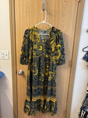 Olive and Mustard Floral Midi Dress - V-Neck Puff Sleeve
